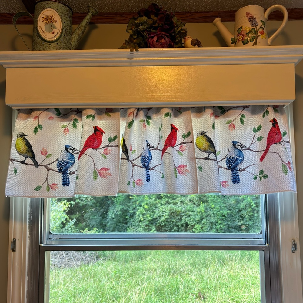 Waffle Bird Dish Towels Valance Curtains yellow Songbird cardinal Bluejay NEW